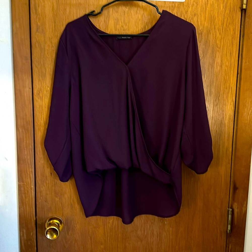 Dark purple, casual/dressy blouse. 3/4 sleeve with button. High/low front/back